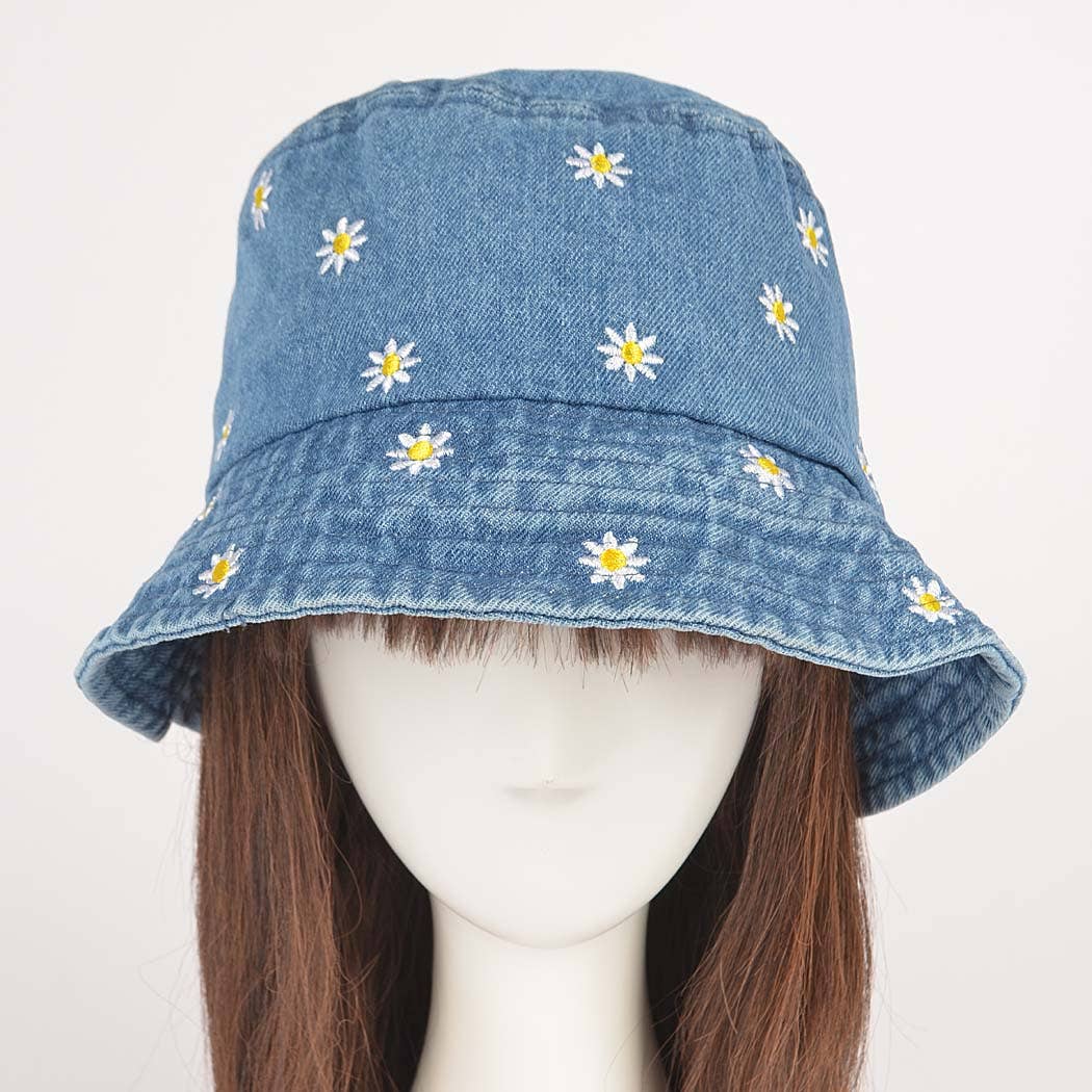 Denim Flower Embloidery Bucket Hat