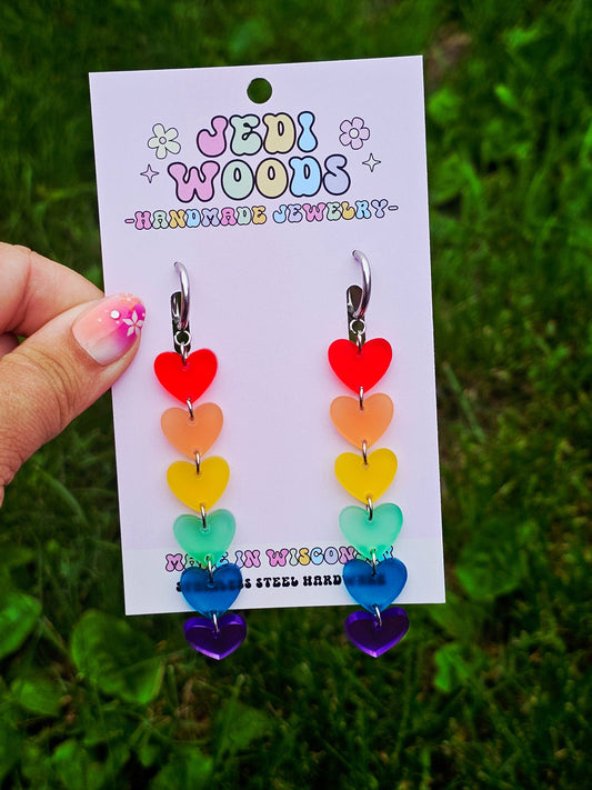 Rainbow Heart Drop Earrings with Gauge Friendly Hardware