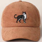 Tuxedo Cat Embroidery Corduroy Baseball Cap