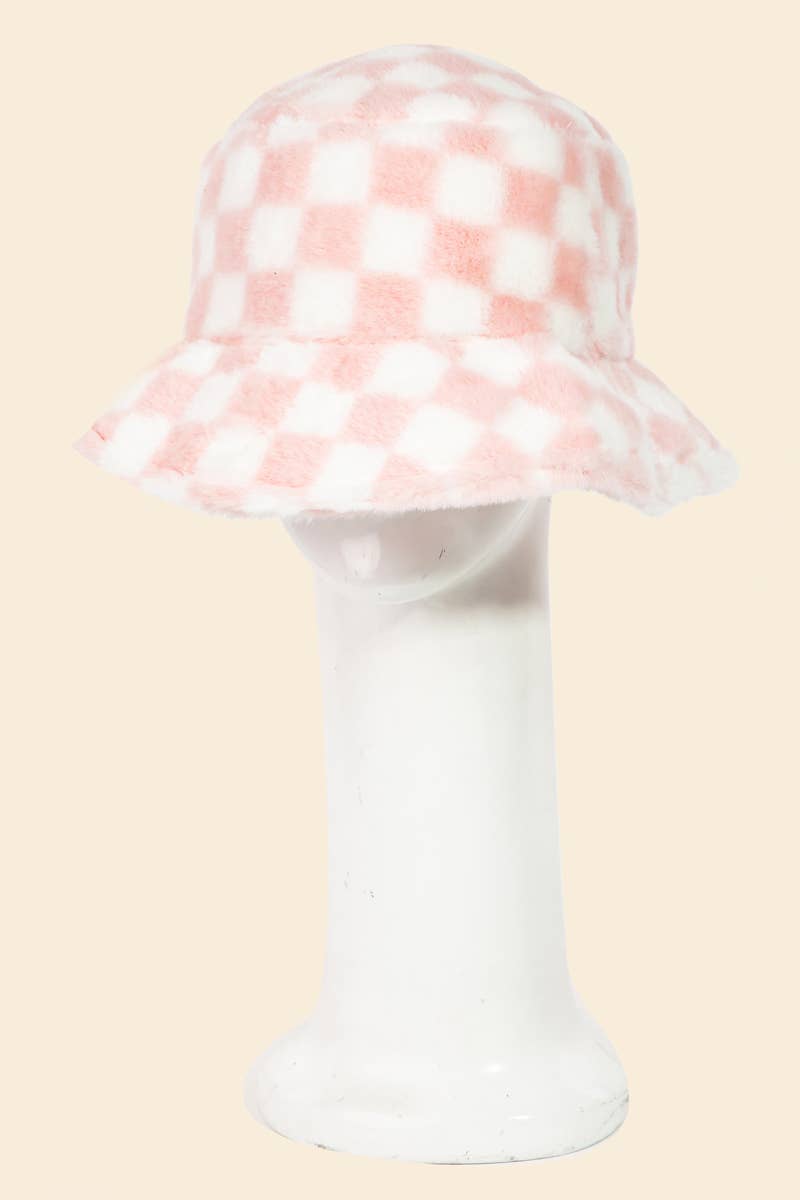 Checkered Print Fur Bucket Hat