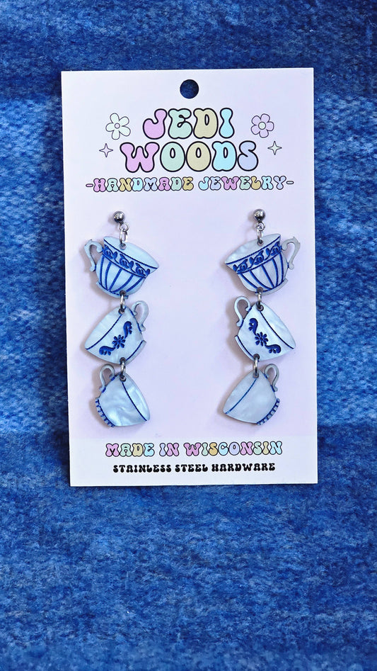 Cottagecore Vintage China Teacup Dangle Earrings
