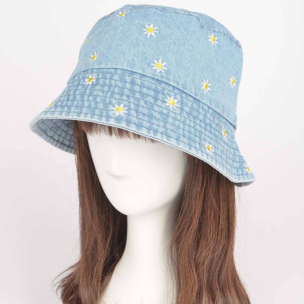 Denim Flower Embloidery Bucket Hat