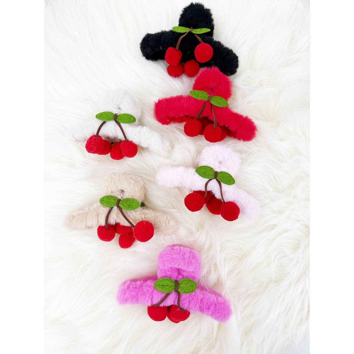 Cherry Detail Faux Fur Plush Jaw Clip
