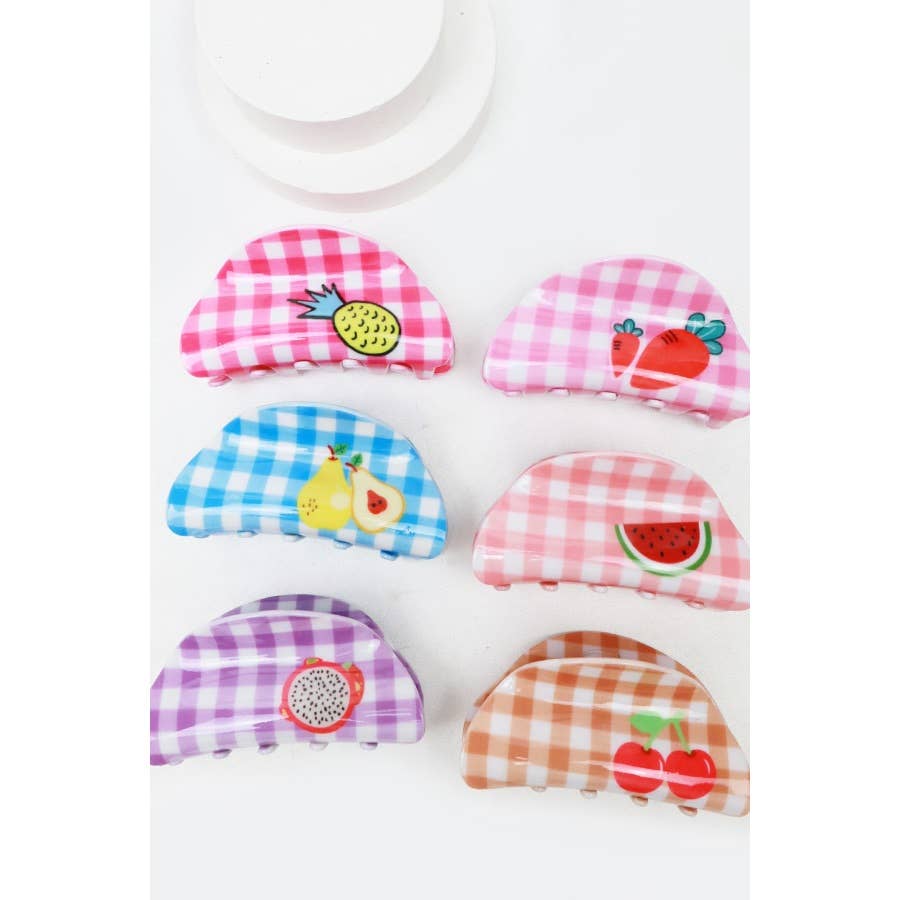 Checkered Fruit Print Curved Claw Clip