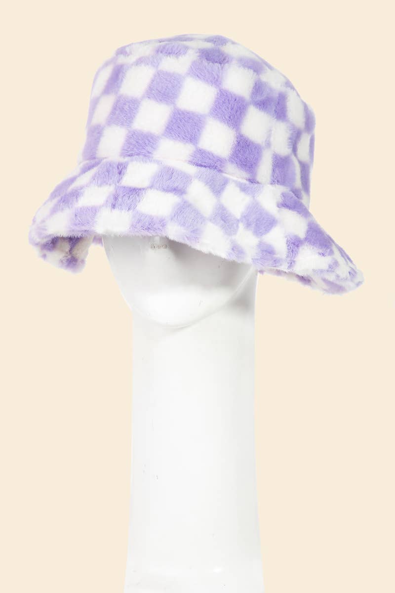 Checkered Print Fur Bucket Hat