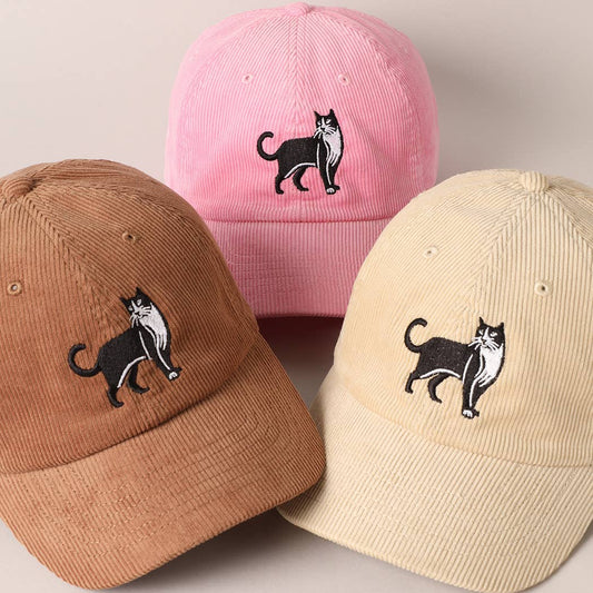 Tuxedo Cat Embroidery Corduroy Baseball Cap