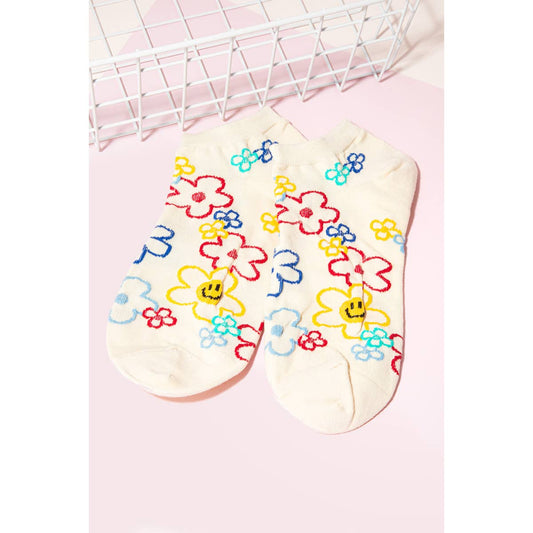 Ivory Floral Outline Print Low Rise Socks
