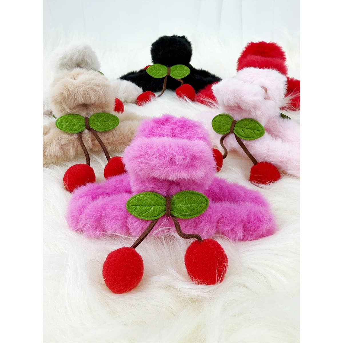Cherry Detail Faux Fur Plush Jaw Clip