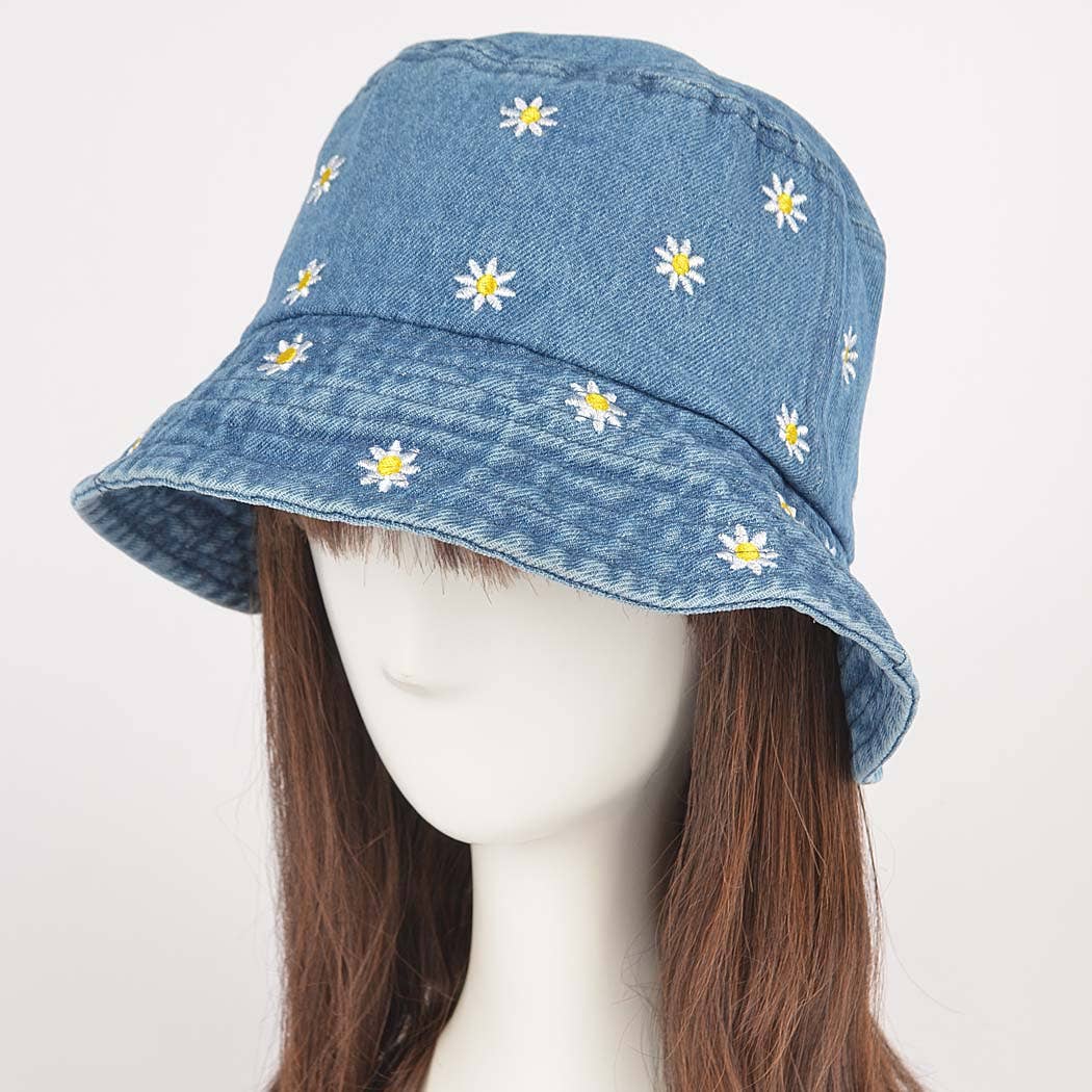 Denim Flower Embloidery Bucket Hat