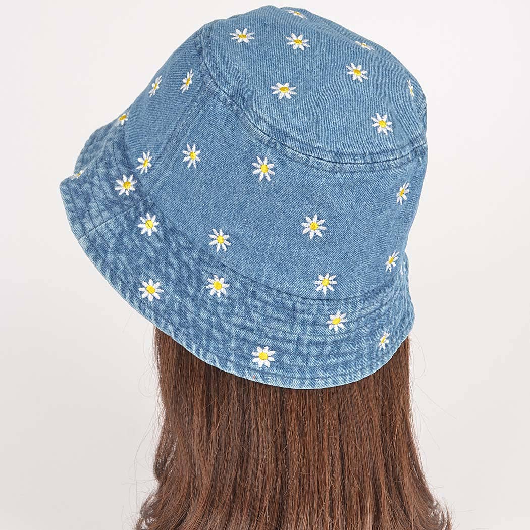Denim Flower Embloidery Bucket Hat