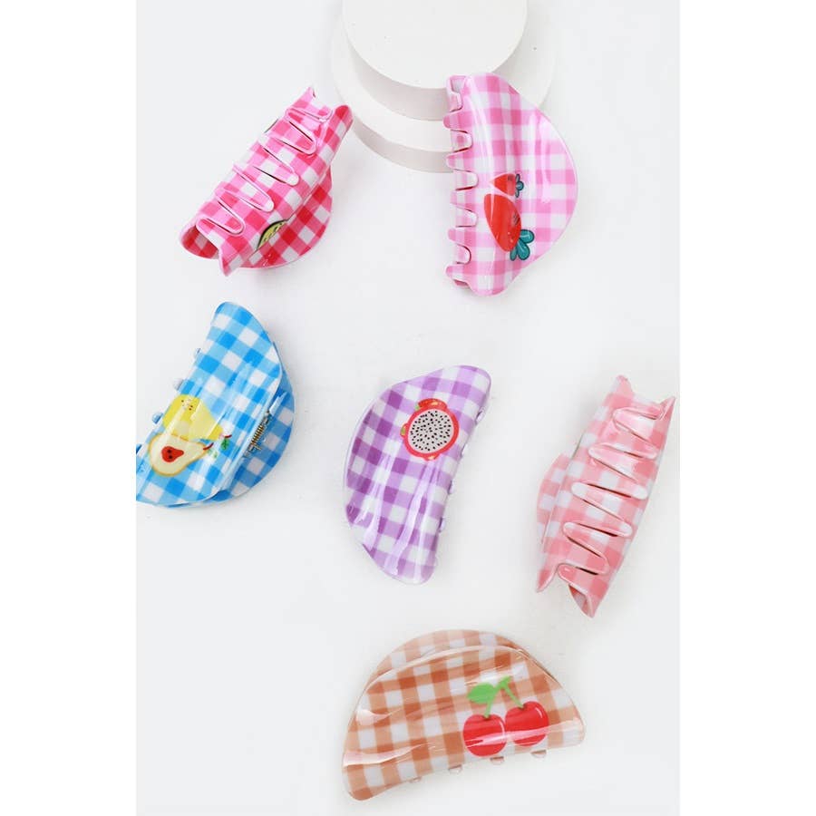 Checkered Fruit Print Curved Claw Clip